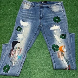 Filthy Wealth Clover Blue Distressed Denim Jeans Size 36